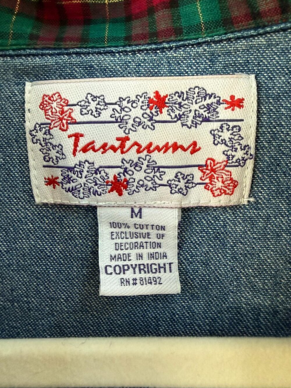 Vintage Tantrums Christmas Denim Jacket Teddy Bear Tree Ornament Plaid Appliqué - Picture 7 of 7